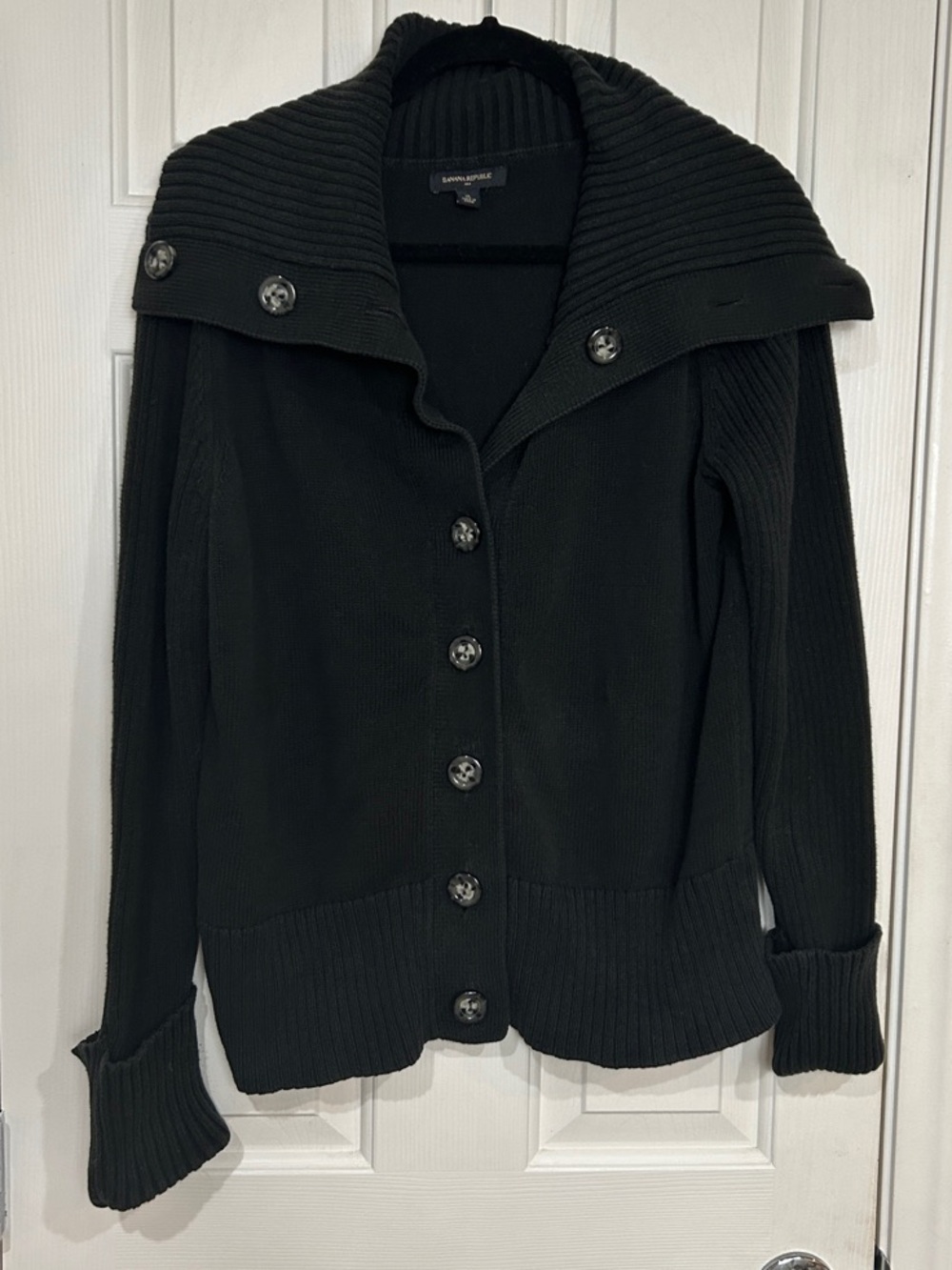Banana Republic Black Ribbed Cotton Chunky Funnel Neck Cardigan Sweater XL